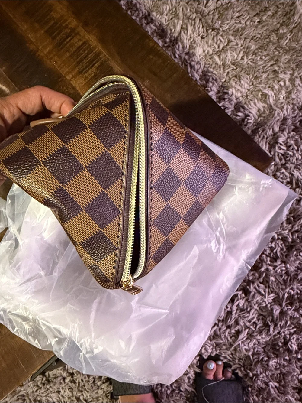 Brown Checkered Women's Zip-Top Clutch